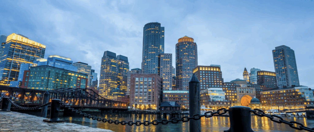 boston waterfront skyline at dusk